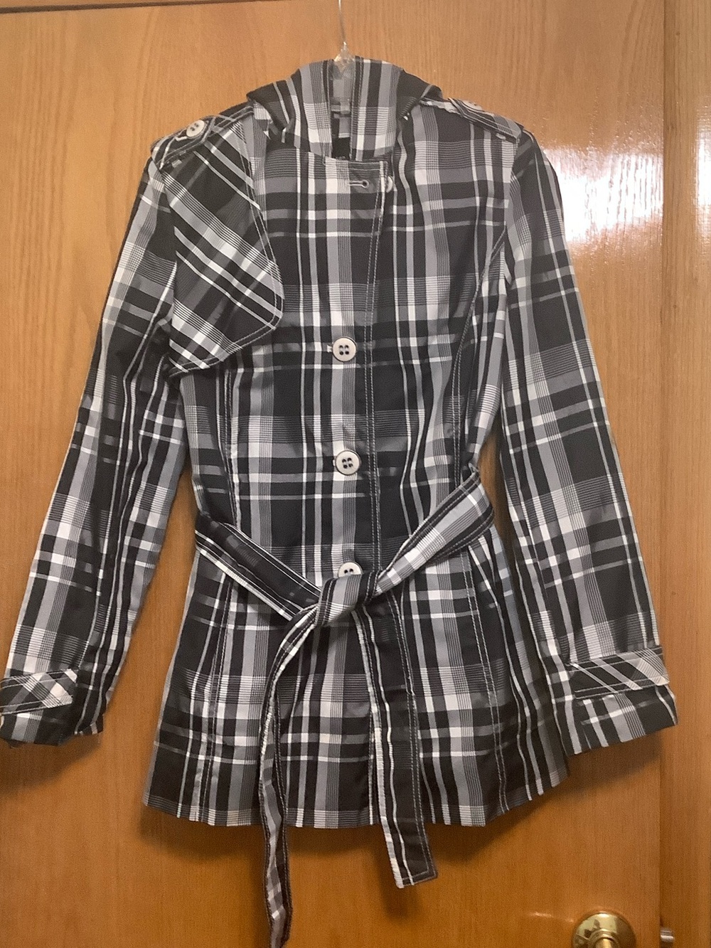 Womens Black & White Plaid Belted Rain Coat
